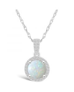 Created Opal (1/2 ct. t.w.) and Created Sapphire (1/6 ct. t.w.) Halo Pendant Necklace in 10K White Gold