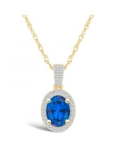 Created Sapphire (1-1/2 ct. t.w.) and Created White Sapphire (1/6 ct. t.w.) Halo Pendant Necklace in 10K Yellow Gold