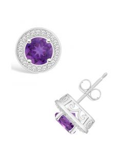 Amethyst (1-1/2 ct. t.w.) and Diamond (1/5 ct. t.w.) Halo Studs in Sterling Silver