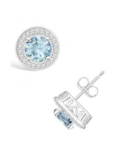 Aquamarine (1-1/2 ct. t.w.) and Diamond (1/5 ct. t.w.) Halo Studs in Sterling Silver