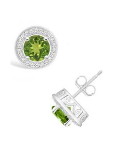 Peridot (1-9/10 ct. t.w.) and Diamond (1/5 ct. t.w.) Halo Studs in Sterling Silver