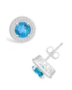 Blue Topaz (2-1/3 ct. t.w.) and Diamond (1/5 ct. t.w.) Halo Studs in Sterling Silver