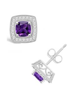 Amethyst (1 ct. t.w.) and Diamond (1/5 ct. t.w.) Halo Studs in Sterling Silver