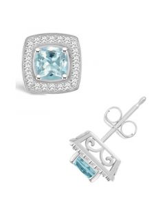 Aquamarine (1 ct. t.w.) and Diamond (1/5 ct. t.w.) Halo Studs in Sterling Silver