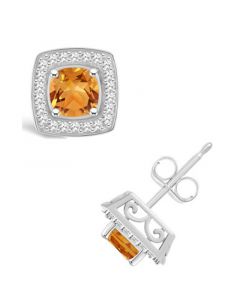 Citrine (1 ct. t.w.) and Diamond (1/5 ct. t.w.) Halo Studs in Sterling Silver