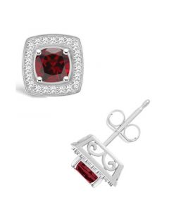 Garnet (1-1/2 ct. t.w.) and Diamond (1/5 ct. t.w.) Halo Studs in Sterling Silver