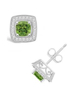 Peridot (1-1/3 ct. t.w.) and Diamond (1/5 ct. t.w.) Halo Studs in Sterling Silver