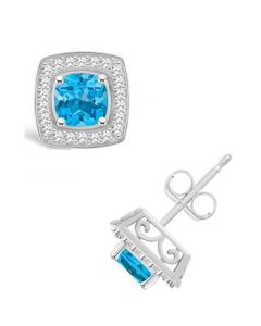 Blue Topaz (1-1/2 ct. t.w.) and Diamond (1/5 ct. t.w.) Halo Studs in Sterling Silver