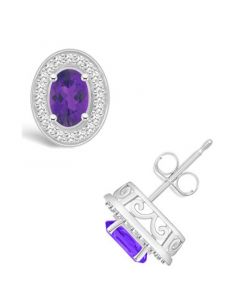 Amethyst (9/10 ct. t.w.) and Diamond (1/5 ct. t.w.) Halo Studs in Sterling Silver