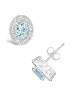 Aquamarine (7/8 ct. t.w.) and Diamond (1/5 ct. t.w.) Halo Studs in Sterling Silver