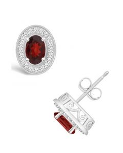 Garnet (1-1/6 ct. t.w.) and Diamond (1/5 ct. t.w.) Halo Studs in Sterling Silver