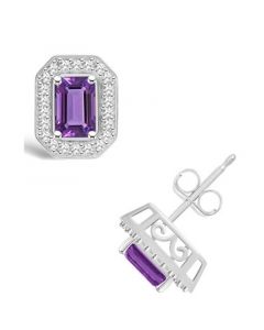 Amethyst (1-1/10 ct. t.w.) and Diamond (1/5 ct. t.w.) Halo Studs in Sterling Silver