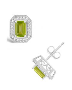 Peridot (1-2/5 ct. t.w.) and Diamond (1/5 ct. t.w.) Halo Studs in Sterling Silver