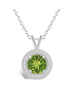 Peridot (1-1/2 ct. t.w.) and Diamond (1/8 ct. t.w.) Halo Pendant Necklace in Sterling Silver