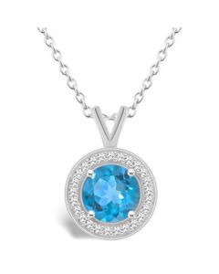 Blue Topaz (1-2/3 ct. t.w.) and Diamond (1/8 ct. t.w.) Halo Pendant Necklace in Sterling Silver