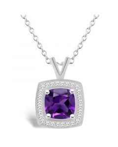 Amethyst (1-1/2 ct. t.w.) and Diamond (1/7 ct. t.w.) Halo Pendant Necklace in Sterling Silver