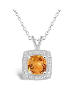 Citrine (1-1/2 ct. t.w.) and Diamond (1/7 ct. t.w.) Halo Pendant Necklace in Sterling Silver