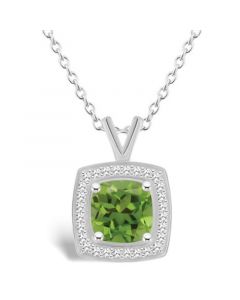 Peridot (1-1/2 ct. t.w.) and Diamond (1/7 ct. t.w.) Halo Pendant Necklace in Sterling Silver