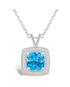 Blue Topaz (1-3/4 ct. t.w.) and Diamond (1/7 ct. t.w.) Halo Pendant Necklace in Sterling Silver