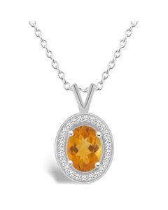 Citrine (1-1/5 ct. t.w.) and Diamond (1/8 ct. t.w.) Halo Pendant Necklace in Sterling Silver