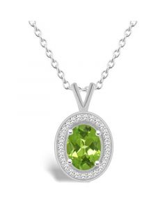 Peridot (1-1/3 ct. t.w.) and Diamond (1/8 ct. t.w.) Halo Pendant Necklace in Sterling Silver