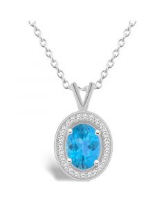 Blue Topaz (1-3/5 ct. t.w.) and Diamond (1/8 ct. t.w.) Halo Pendant Necklace in Sterling Silver