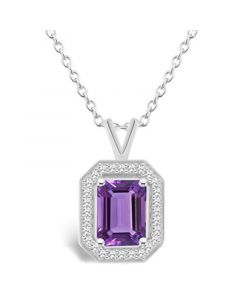 Amethyst (1-3/5 ct. t.w.) and Diamond (1/7 ct. t.w.) Halo Pendant Necklace in Sterling Silver