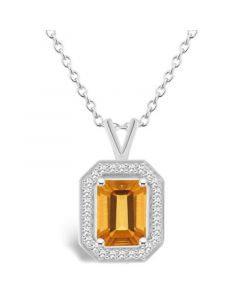 Citrine (1-3/5 ct. t.w.) and Diamond (1/7 ct. t.w.) Halo Pendant Necklace in Sterling Silver