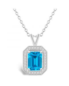 Blue Topaz (2 ct. t.w.) and Diamond (1/7 ct. t.w.) Halo Pendant Necklace in Sterling Silver