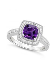 Amethyst (1-1/2 ct. t.w.) and Diamond (1/4 ct. t.w.) Halo Ring in Sterling Silver