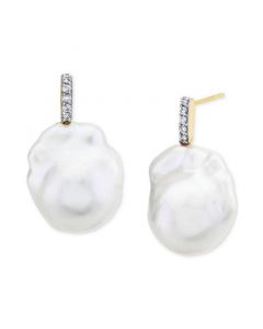 Cultured Freshwater Baroque Pearl (13mm) & Diamond Accent Stud Earrings in 14k Gold