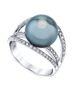 Cultured Tahitian Pearl (11mm) & Diamond (1/2 ct. t.w.) Openwork Statement Ring in 14k White Gold