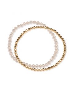 2-Pc. Set Cultured Freshwater Pearl (4-1/2 - 5mm) & Polished Bead Stretch Bracelets in 18k Gold-Plated Sterling Silver