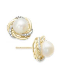 Cultured Freshwater Pearl (7mm) and Diamond Accent Knot Stud Earrings in 14k Gold