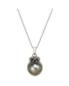 Tahitian Pearl (12mm) and Black Diamond Accent Pendant Necklace in 14k White Gold