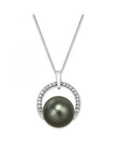 Tahitian Pearl (12 mm) and Diamond (1/5 ct. t.w.) Arch Pendant Necklace in 14k White Gold