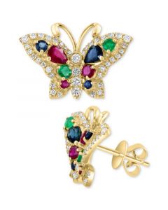 EFFY® Multi-Gemstone (1-3/8 ct. t.w.) & Diamond (1/2 ct. t.w.) Butterfly Stud Earrings in 14k Gold