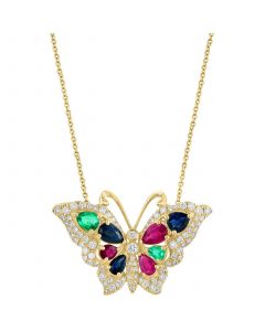 EFFY® Multi-Gemstone (2-1/8 ct. t.w.) & Diamond (3/4 ct. t.w.) Butterfly 18" Pendant Necklace in 14k Gold