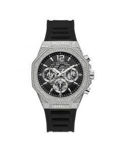 Men's Silver-Tone Glitz Black Silicone Multi-Function Watch 44mm