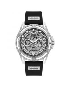 Men's Silver-Tone Glitz Black Silicone Multi-Function Watch 48mm