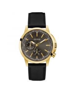 Men's Gold-Tone Black Genuine Leather Multi-Function Watch 44mm