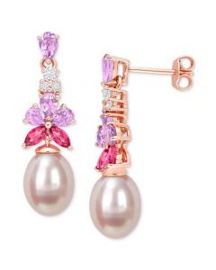 Pink Cultured Freshwater Oval Pearl & Multi-Gemstone (2-1/3 ct. t.w.) Drop Earrings in 18k Rose Gold- Plated Silver