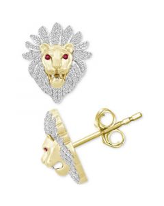 Men's Diamond (1/2 ct. t.w.) & Ruby Accent Lion Head Stud Earrings in 10k Gold