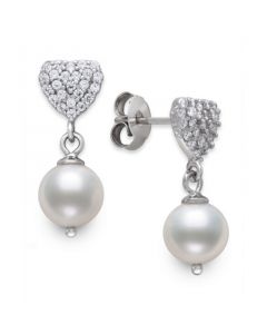 Freshwater Pearl (7-8mm) & Cubic Zirconia Heart Drop Earrings in Sterling Silver, Created for Macy's