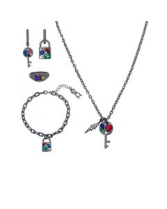 Lock Key 5-Pieces Necklace, Bracelet, Ring and Earring Set