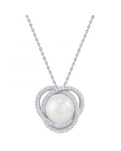 Cultured Freshwater Pearl (8mm) & Diamond (1/6 ct. t.w.) Love Knot Pendant Necklace in 14k White Gold, 16" + 2" extender