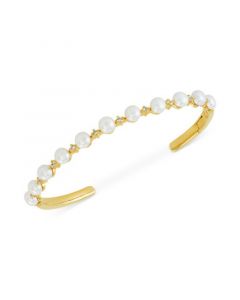 Cultured Freshwater Button Pearl (5 - 5-1/2) & White Sapphire (5/8 ct. t.w.) Cuff Bangle Bracelet in 14k Gold-Plated Sterling Silver