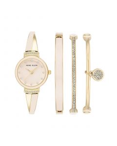 Women's Gold-Tone Alloy Bangle with Pink Enamel Fashion Watch 33.5mm and Bracelet Set