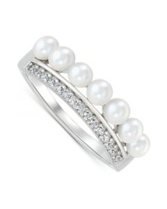 Cultured Freshwater Button Pearl (3 - 3-1/2mm) & Cubic Zirconia Double Row Ring in Sterling Silver