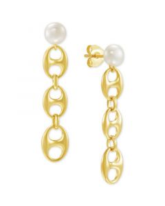 Cultured Freshwater Button Pearl (5 - 5-1/2mm) Mariner Link Chain Drop Earrings in 14k Gold-Plated Sterling Silver